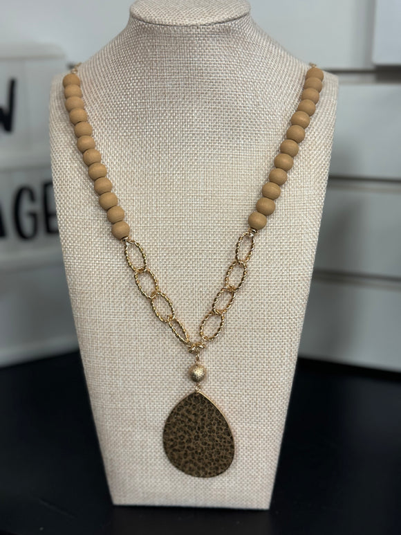 Taupe Wood Beaded with Hammered Gold Tear Drop 32