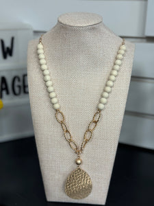 Ivory Wood Beaded with Hammered Gold Tear Drop 32" Necklace