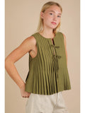 Val Pleated Blouse Top with Tie-Olive