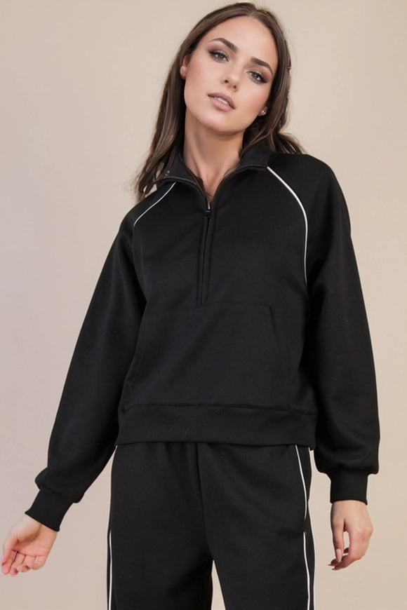 Tori Piping Detail Quarter Zip Set Black