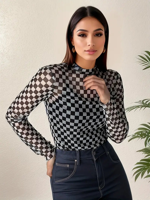 Checkered Sheer Top-Black