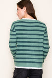 Striped Color Contrast Crew Neck Sweater- Green