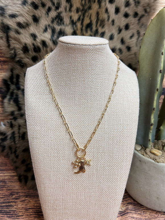 Gold Chain Cowboy Boots/Cross Charm Necklace