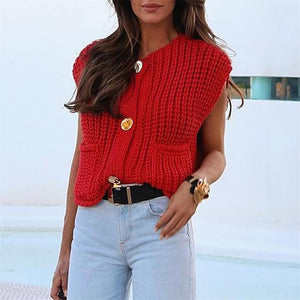 Chunky Sweater Vest Cardigan-Red