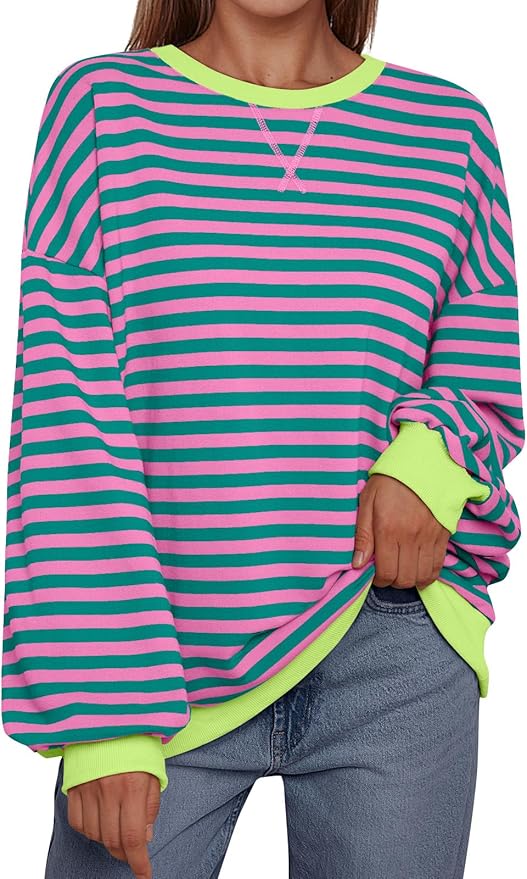 Hallie Stripe Oversized Crewneck-Pnk/Teal/Grn