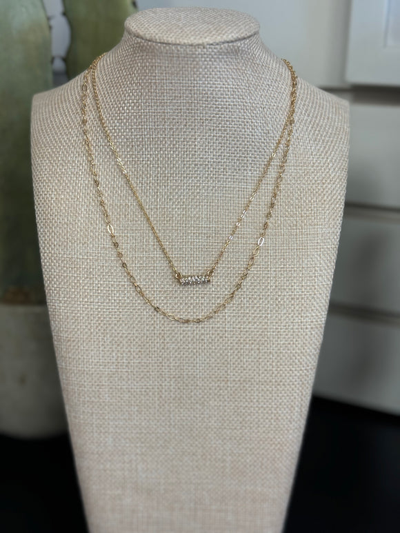 Silver Rhinestone Bar with Layered Chain Necklace Gold