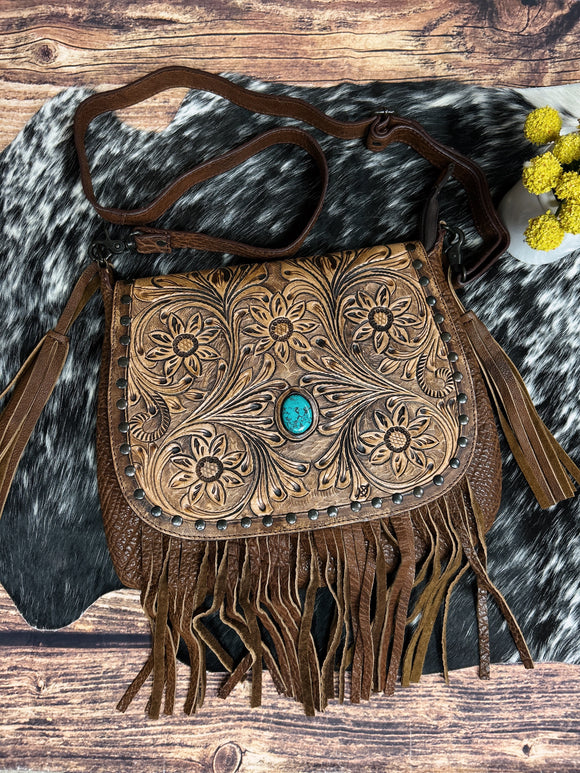 Tooled Leather Turquoise Pendant Fringe Purse