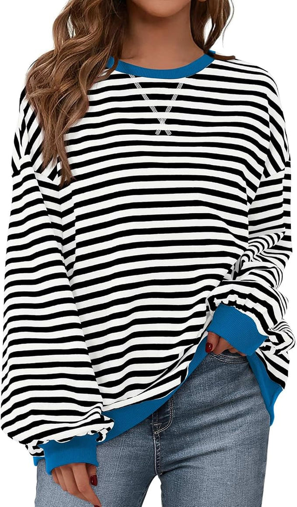 Hallie Stripe Oversized Crewneck-Blu/Blk/Wht