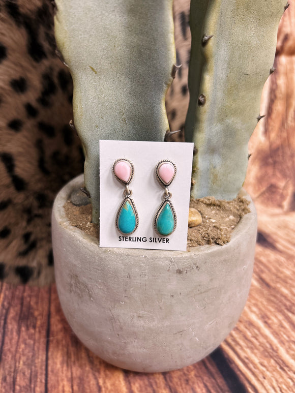 Pink Conch/Turquoise Tear Drop Earrings