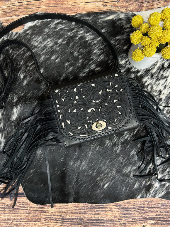 Black/Cream Fringed Crossbody Purse