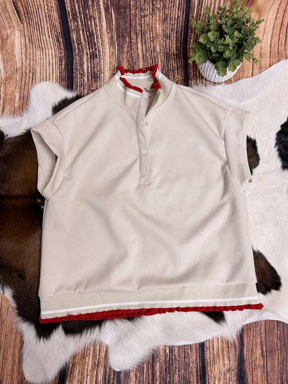 Jenny Red Frilly Top-Ecru
