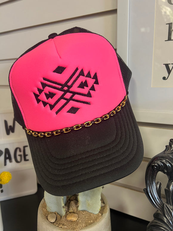 Aztec Embroidered Trucker Cap Neon Pink/Blk