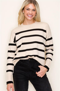 Rylie Stripe Crew Neck Sweater-Almond