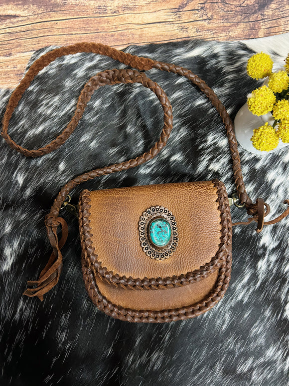 Leather Turquoise Pendant Crossbody Purse