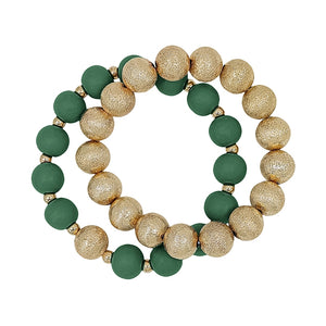 Gold Textured Beaded and Green Wood Set of 2 Stretch Bracelets