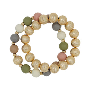 Gold Textured Beaded and Light Multi Wood Set of 2 Stretch Bracelets