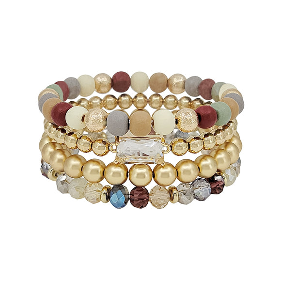 Multi Wood and Crystal Beaded Set of 4 Stretch Bracelets