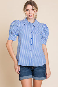 Grace Striped Puff Sleeve Top-Blue