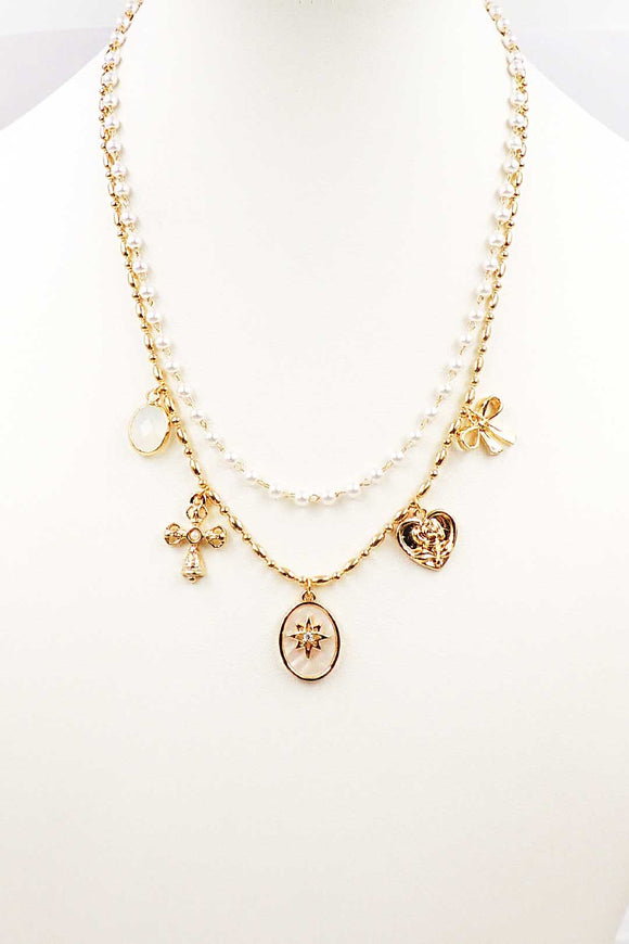 Gold and Pearl Charm Necklace