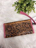 Pink Tooled Leather Wristlet Wallet