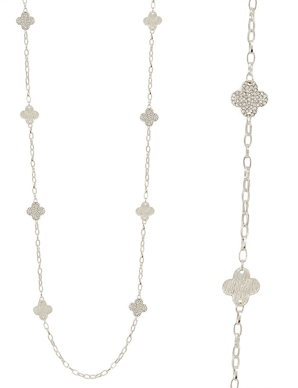 Worn Pave and Metal Clover Necklace-Silver