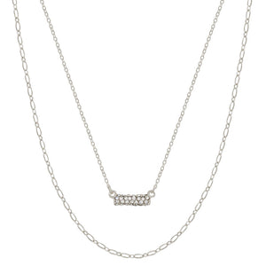 Silver Rhinestone Bar with Layered Chain Necklace