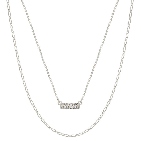 Silver Rhinestone Bar with Layered Chain Necklace