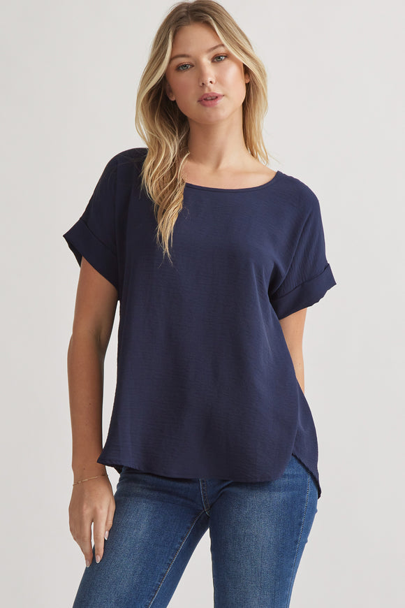 Mandy Cuffed Sleeve Top -Navy