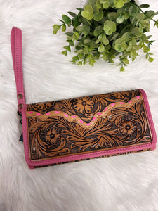 Pink Tooled Leather Wristlet Wallet