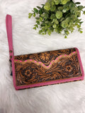 Pink Tooled Leather Wristlet Wallet