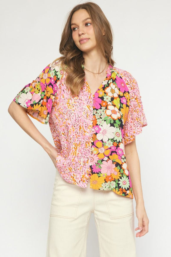 Lynnlee Mixed Print Floral Top-Pink