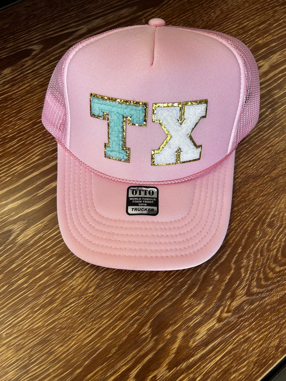TX Chenille Patch Trucker Cap Baby Pink