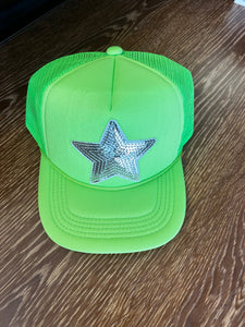 Sequin Star Trucker Cap-Neon Green