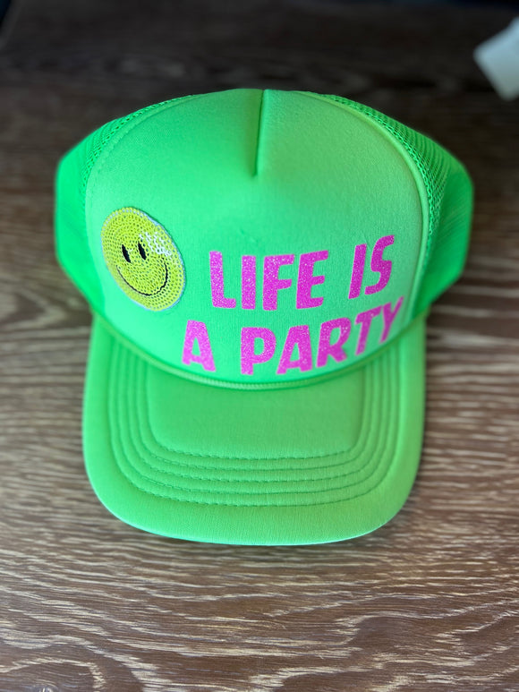 Life Is A Party Trucker Cap-Lime Green