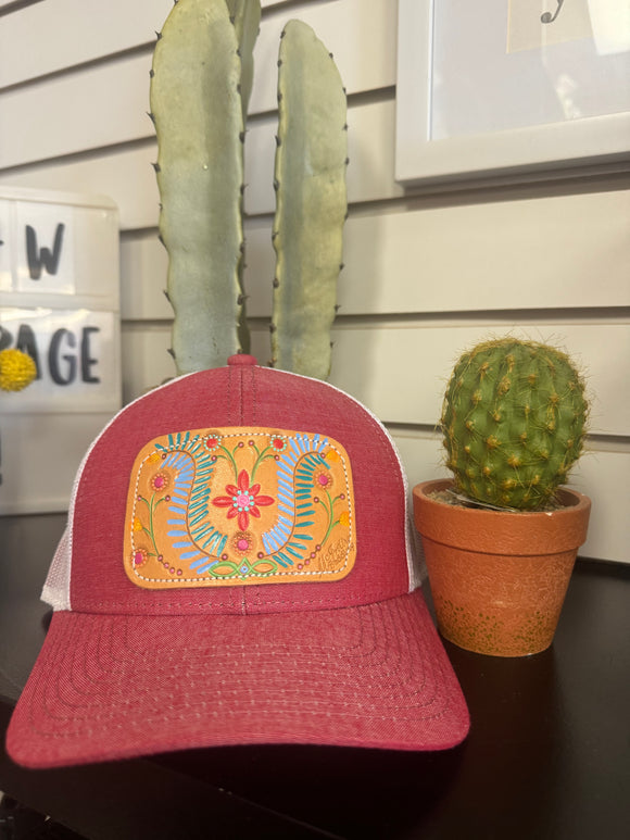 McIntire Washed Red Trucker hat with Leather Flower Patch