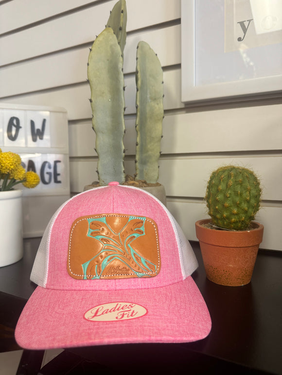 McIntire Ladies Fit Pink Hat with  Leather Turquoise Patch