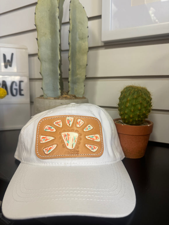 McIntire White Baseball Hat with White squash Blossom Leather Patch