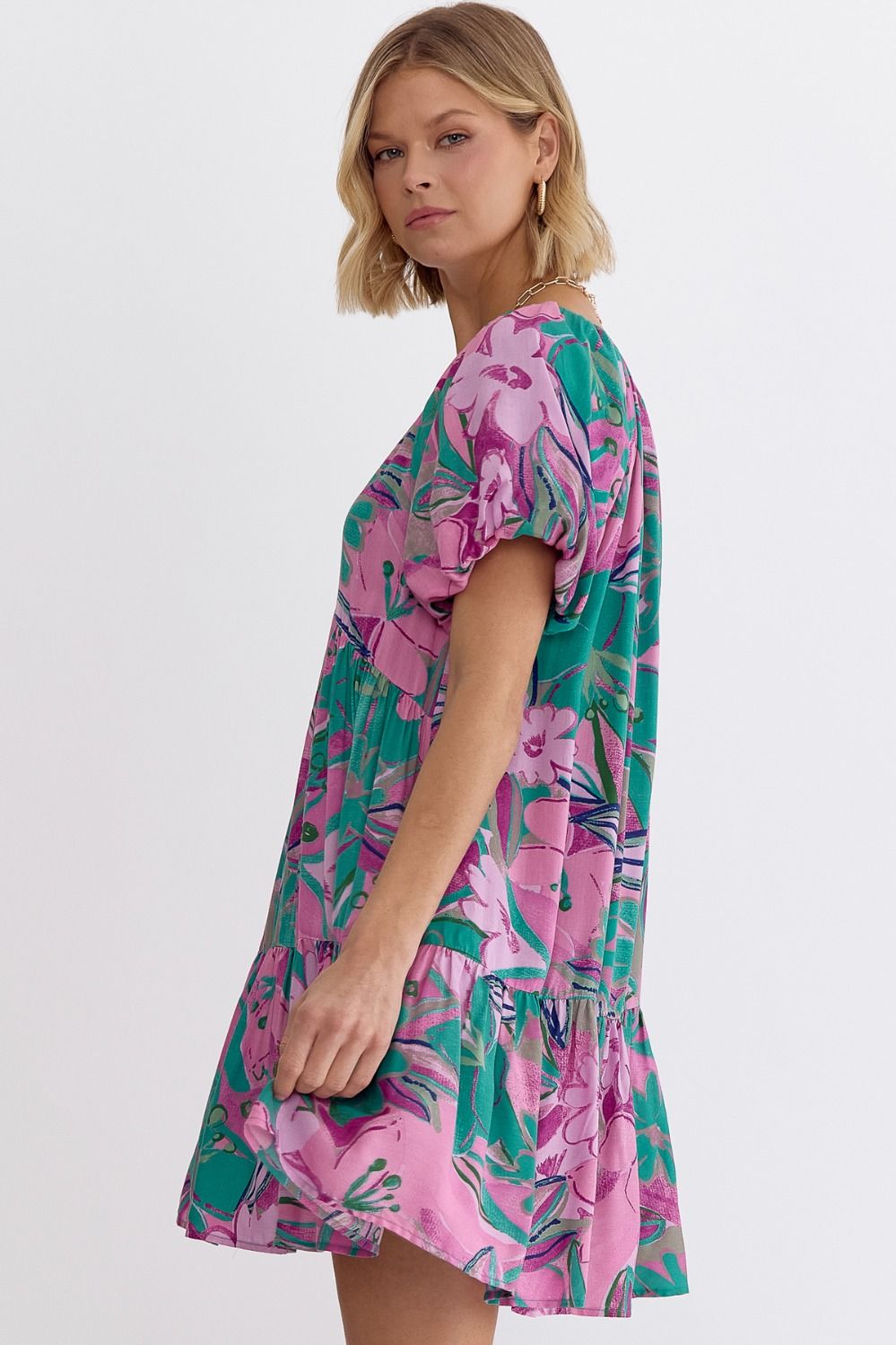 pink and green mini dress Apple-Green Pink Lace Trim Mini-dress