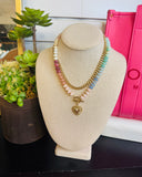 Multi Bead Necklace With Heart Chain