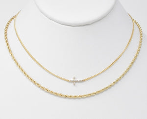 Gold Braided Chain with Rhinestone Cross Layered Necklace