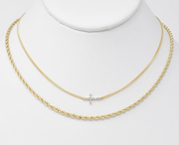Gold Braided Chain with Rhinestone Cross Layered Necklace