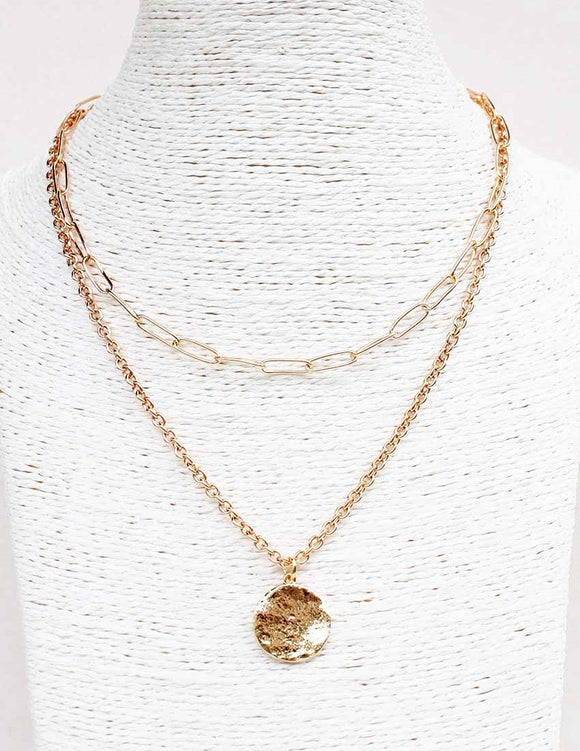 Gold Chain Layered Hammered Circle Necklace