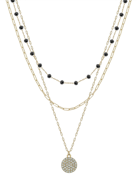 Black Crystal/Gold Pave Circle  Necklace