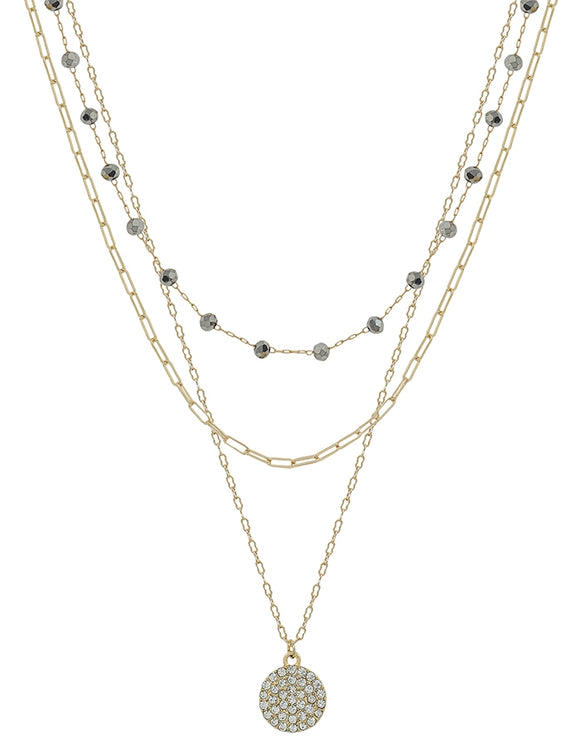 Hematite Crystal/Gold Pave Circle  Necklace