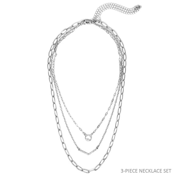 Silver Chain Layered with Round Crystal Necklace