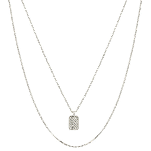 Silver Chain with Rhinestone Rectangle Layered Necklace