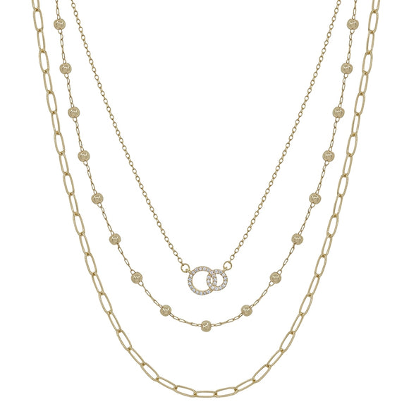 Gold Triple Layered Chain and Rhinestone Necklace
