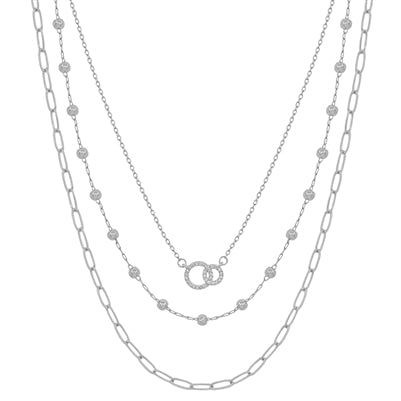 Silver Triple Layered Chain and Rhinestone Necklace