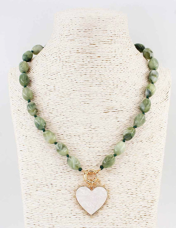 Green Stone Necklace with Heart Charm