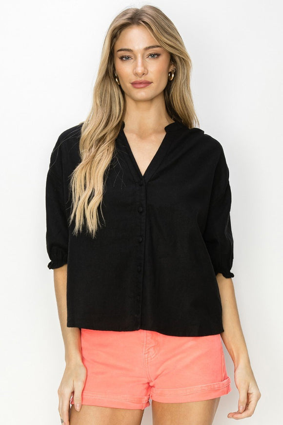 Arrabella Linen Button Up Top-Black